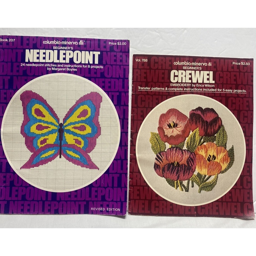 2 Columbia Minerva Beginner's Needlepoint Crewel Books 1970's VTG patterns lot